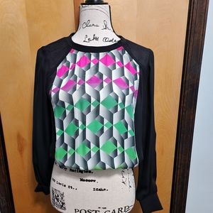 Milly Geometric Black Longsleeve Silk Top